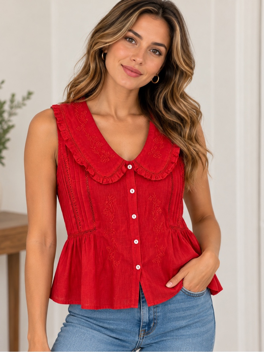 Bright Red Sleeveless Button-Front Peplum Blouse